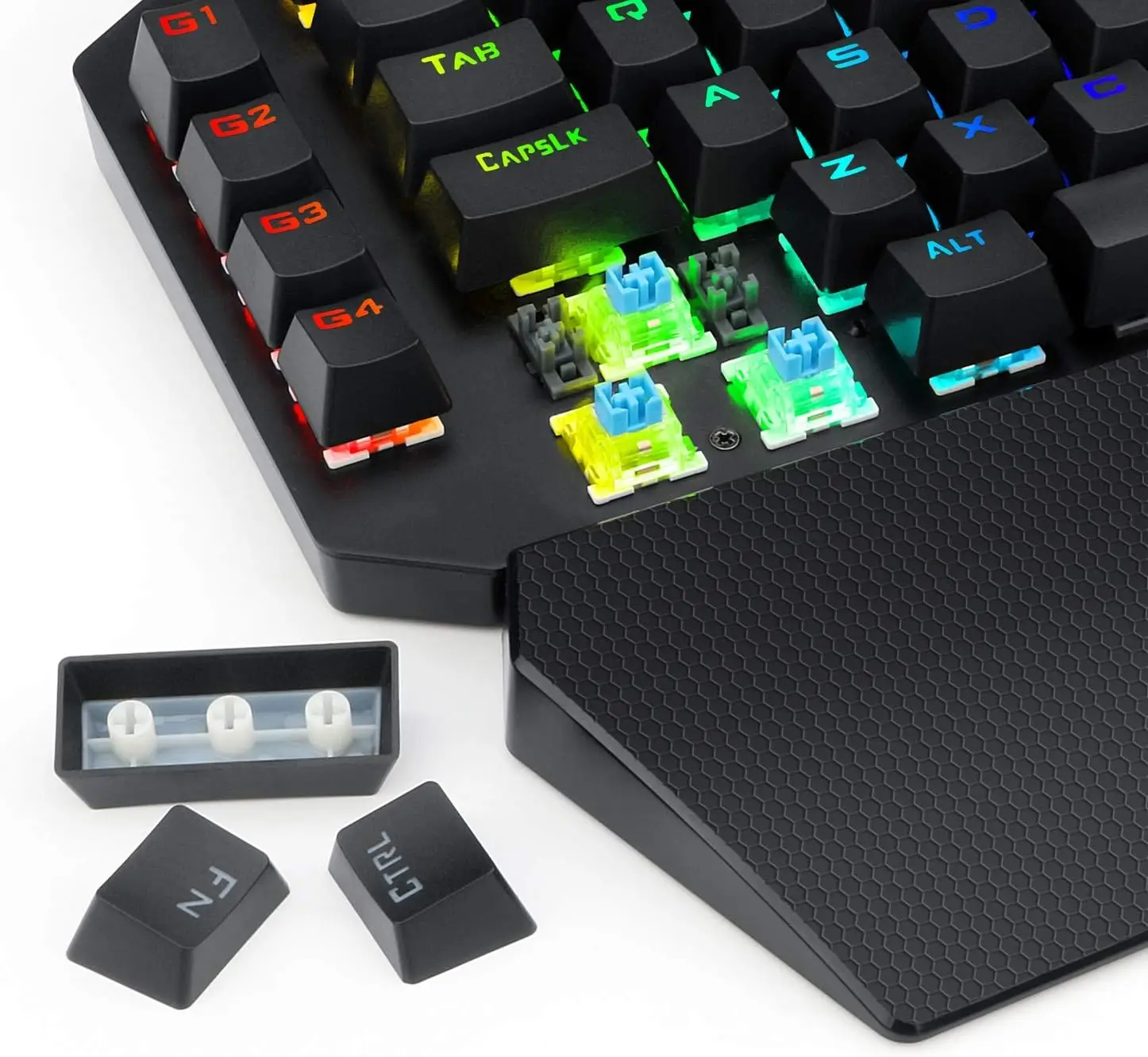 HUO JI لوحة مفاتيح ميكانيكية للألعاب بيد واحدة سلكية، إضاءة خلفية Led RGB، مسند معصم قابل للفصل، كابل من النوع C قابل للفصل، لوحة معدنية،
