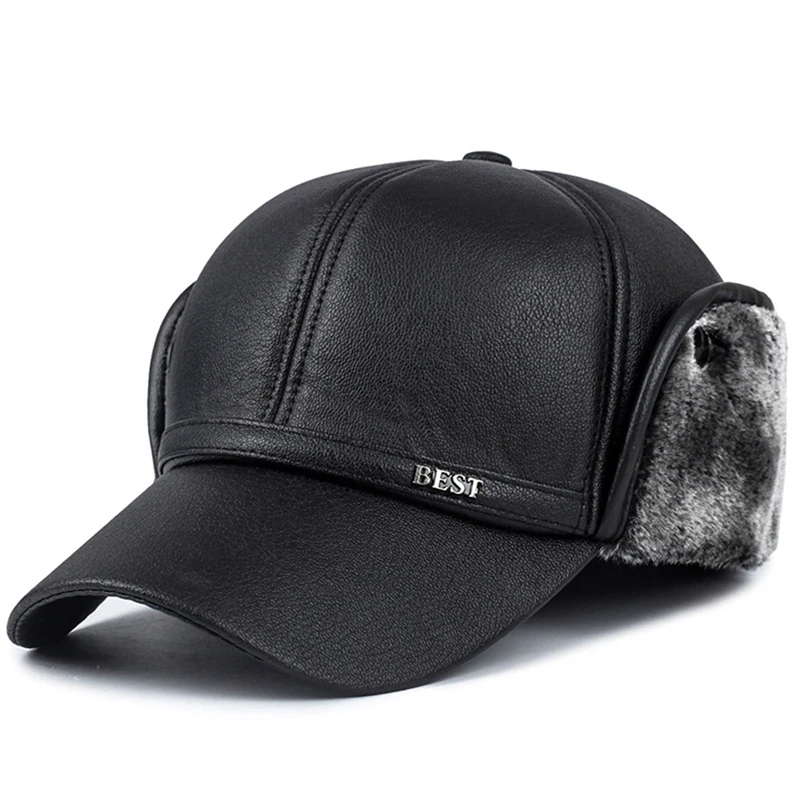 Winter Leather Bomber Hats Men Plush Snapback Hat Father Fishing Casquette with Earflaps Thicken Fur Warm Visors Caps Black