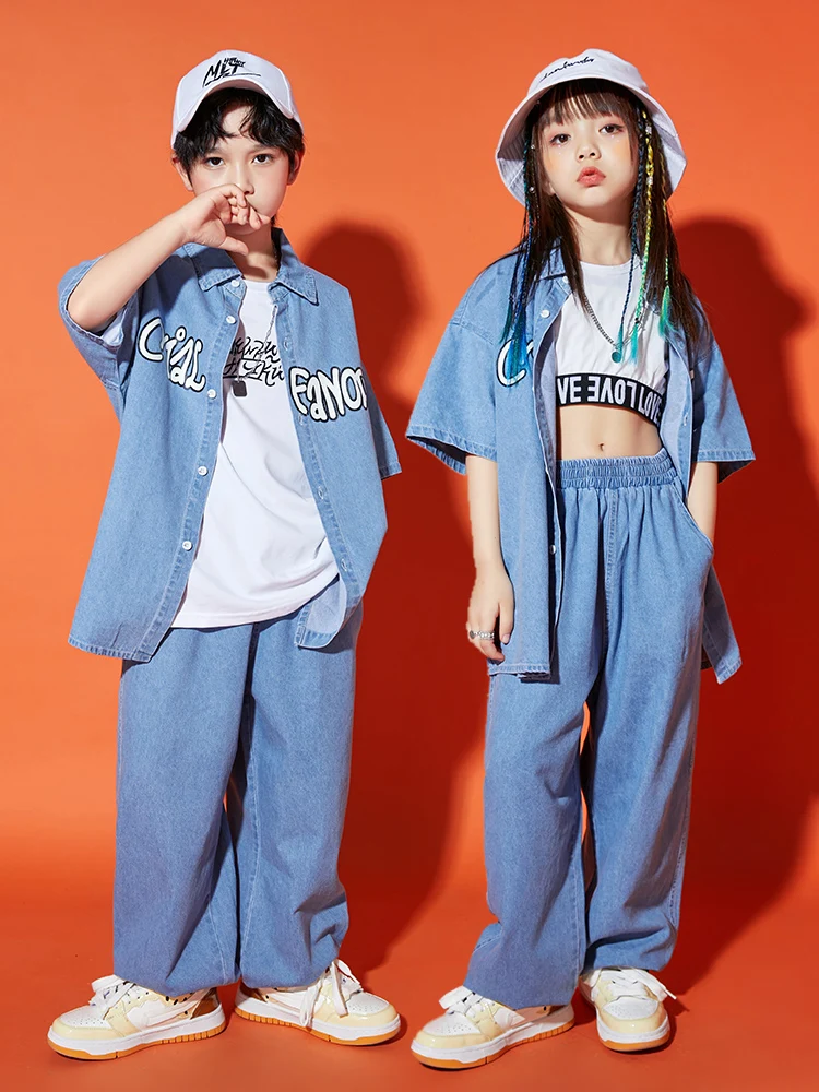 Children Hip Hop Dance Costume Denim Tops Pants Suit For Girls Jazz Performance Clothing Boys Hiphop Street Dancewear BL10027