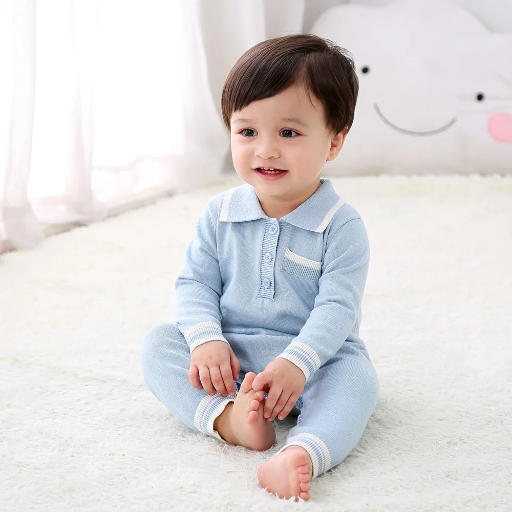 

2023 Autumn and Winter Baby Sweater knitted Jumpsuit Crawl Suit Lapel Handsome British style Thickened Baby Clothes Foreign Styl