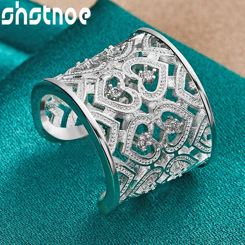 Shstone 925 anel de prata esterlina clássico zircão oco coração aberto anéis para festa feminina jantar casamento moda jóias