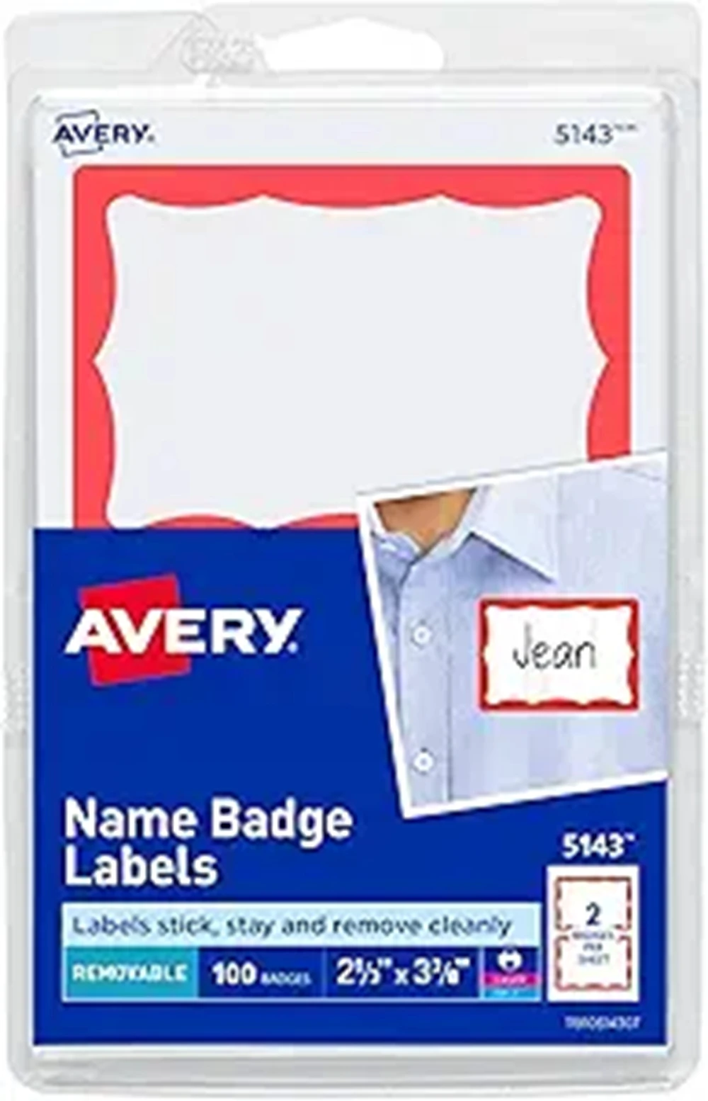 Avery-Namensschild-Etiketten zum Drucken oder Schreiben mit rotem Rand, 2-11/32" x 3-3/8", 100 Etiketten pro Packung, Karton mit 18 Stück (5143)