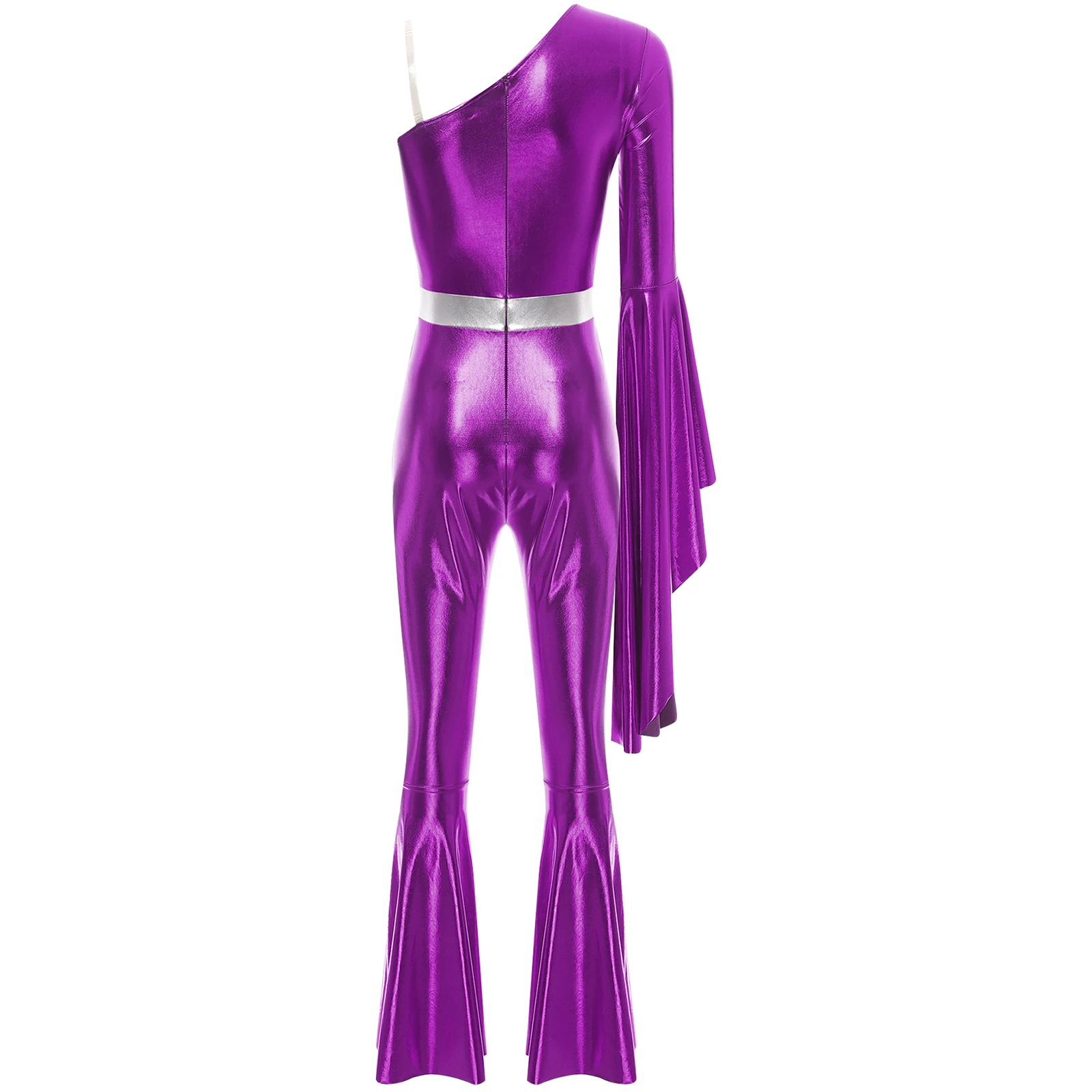 Feminino 70s discoteca festa moderna dança traje um ombro único manga longa bodysuit queimado sino brilhante metálico funky dancewear