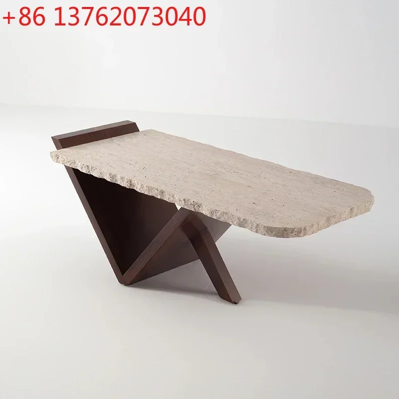 

Кофейный столик Cy56 из натурального травертина и массива дерева для небольшой квартиры, гостиной, чайной комнаты, креативный длинный чайный столик.