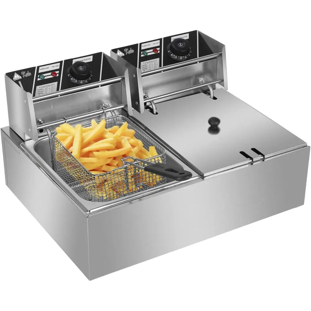 Commercial Deep Fryer with 2 Baskets，12.7QT/12L 5000W Countertop Deep Fryer Electric Dual Tank Deep Fryer, Heavy Duty Stainless