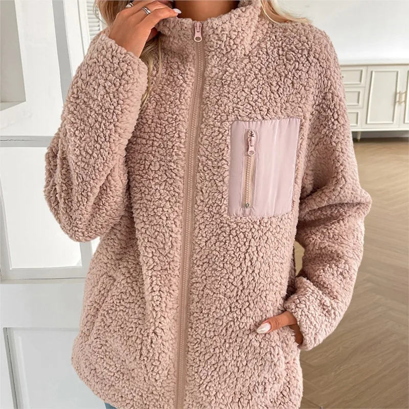 Giacca da donna in pile di agnello tinta unita autunno inverno da donna con giunture larghe cerniera casual con giacca tascabile tira Femmes