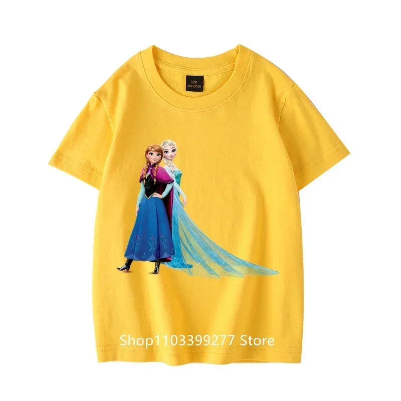 100% Cotton T-Shirt Frozen Elsa Anna T-Shirt Anime Summer Clothes Comfortable Child Cute Fashion Short Sleeve Sweat Breathable