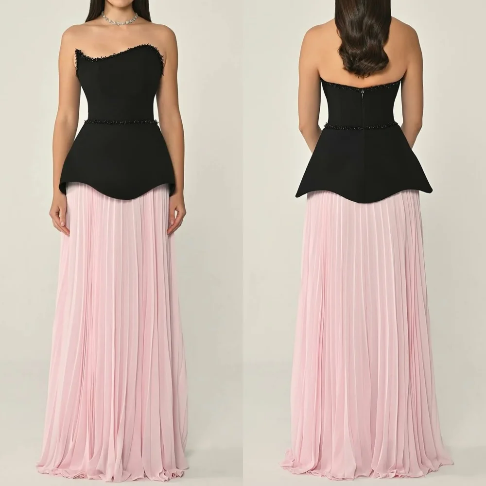 Customized Temperament Black Jersey Evening Dress Exquisite Strapless Sleeveless Zipper Back Sweep Train Special Occasion Gowns