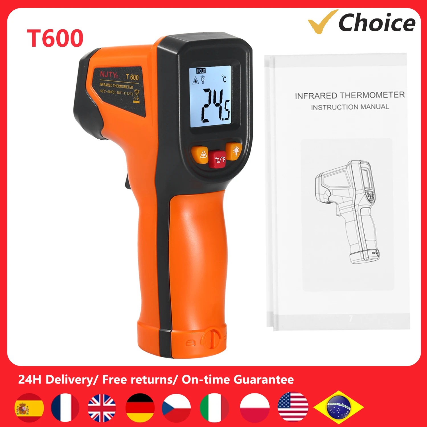 Infrared Thermometer Non-Contact Digital Temperature Gun -50°C~600°C IR Thermometer for Industrial Not for Human Body Temp