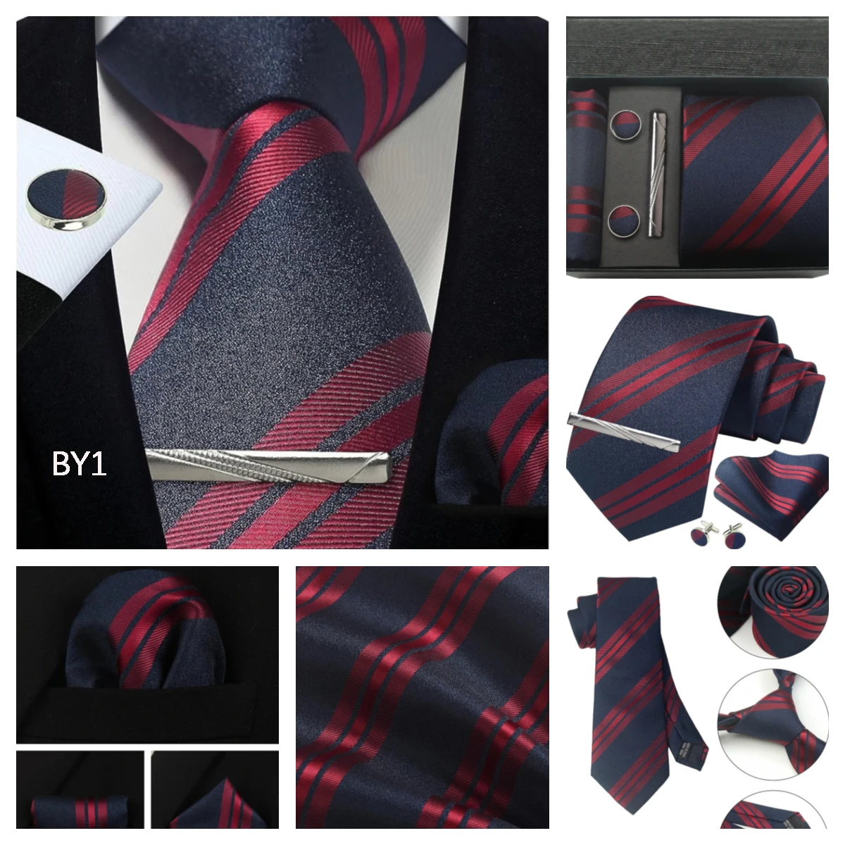 Klassische Herrenkrawatten aus 100 % Seide in Geschenkbox, 8 cm, kariert, gepunktet, gestreift, Business-Krawatte, Einstecktuch, Manschettenknöpfe, Hochzeitskrawatten-Set – Detail 37