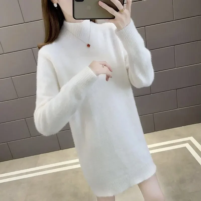 Średniej długości sweter z kaszmiru z norek damski wąski sweter z dzianiny jesienno-zimowa jednokolorowa półgolf z długim rękawem topy damskie