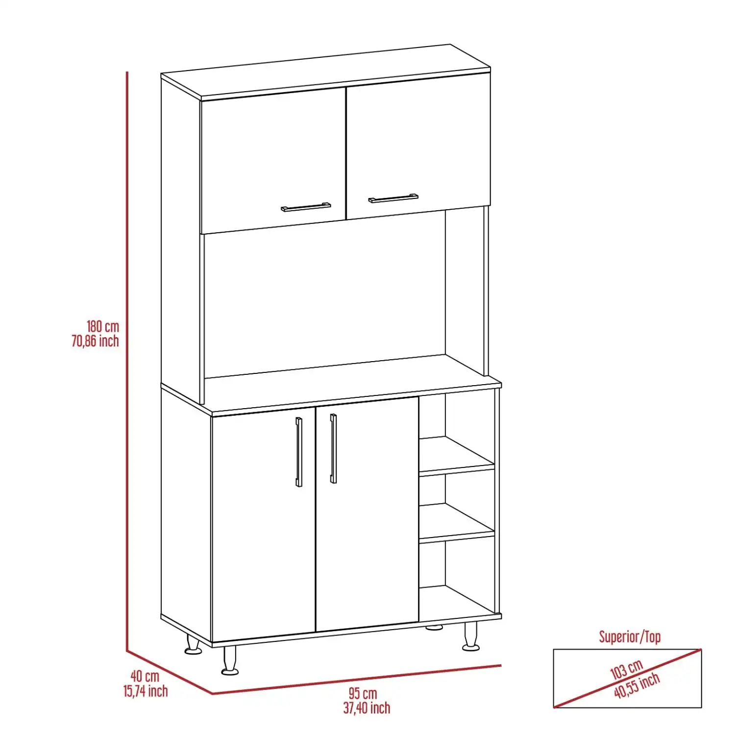 95 Pantry Kit, Four Legs, Double Door Cabinet, Three Shelves  White