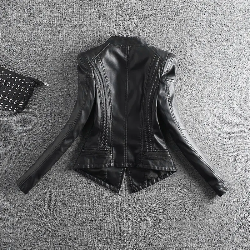 2023 Fashion Motorcycle Leather Jacket Women Spring And Autumn Rivet Coat Short Slim Coats Large size 4XL