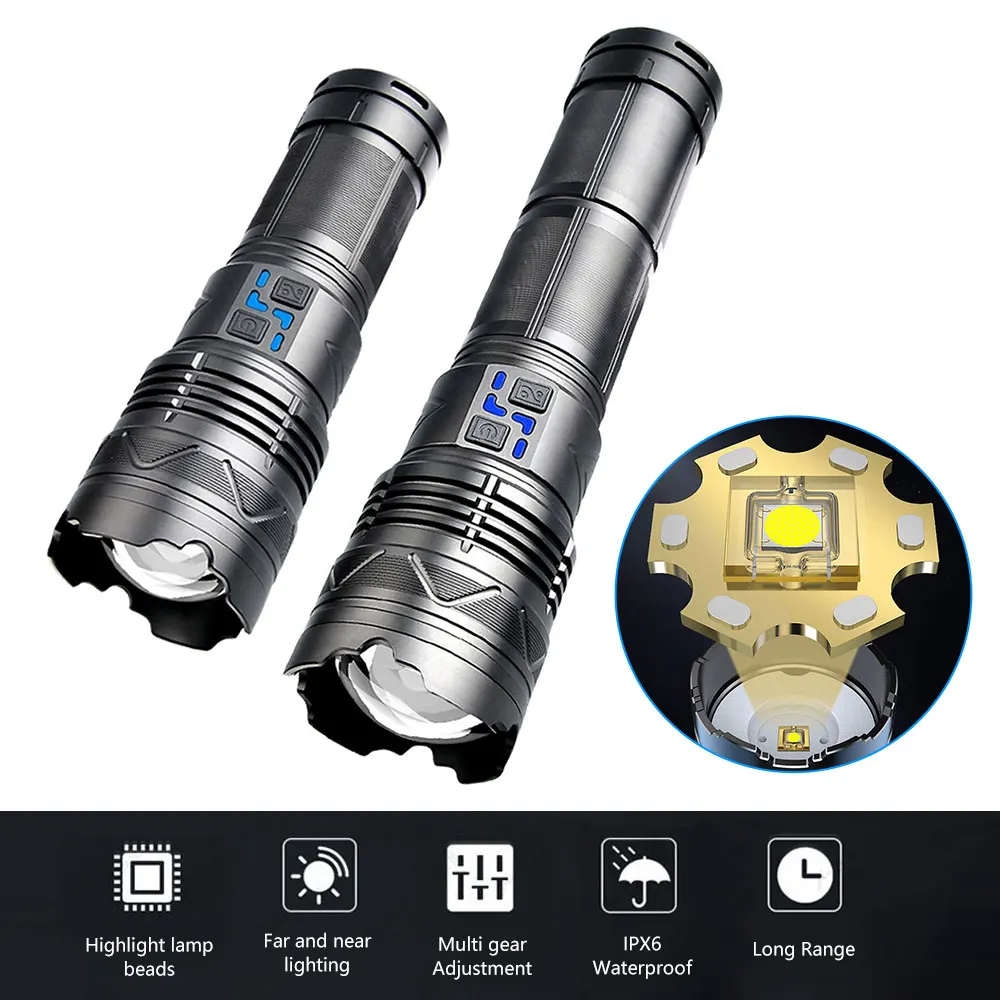 LED Flashlight T6 Strong Light Flashlight Bright Type-C Can Charge 24000mAh/11200mAh Torch Light 100W Zoom Flashlight