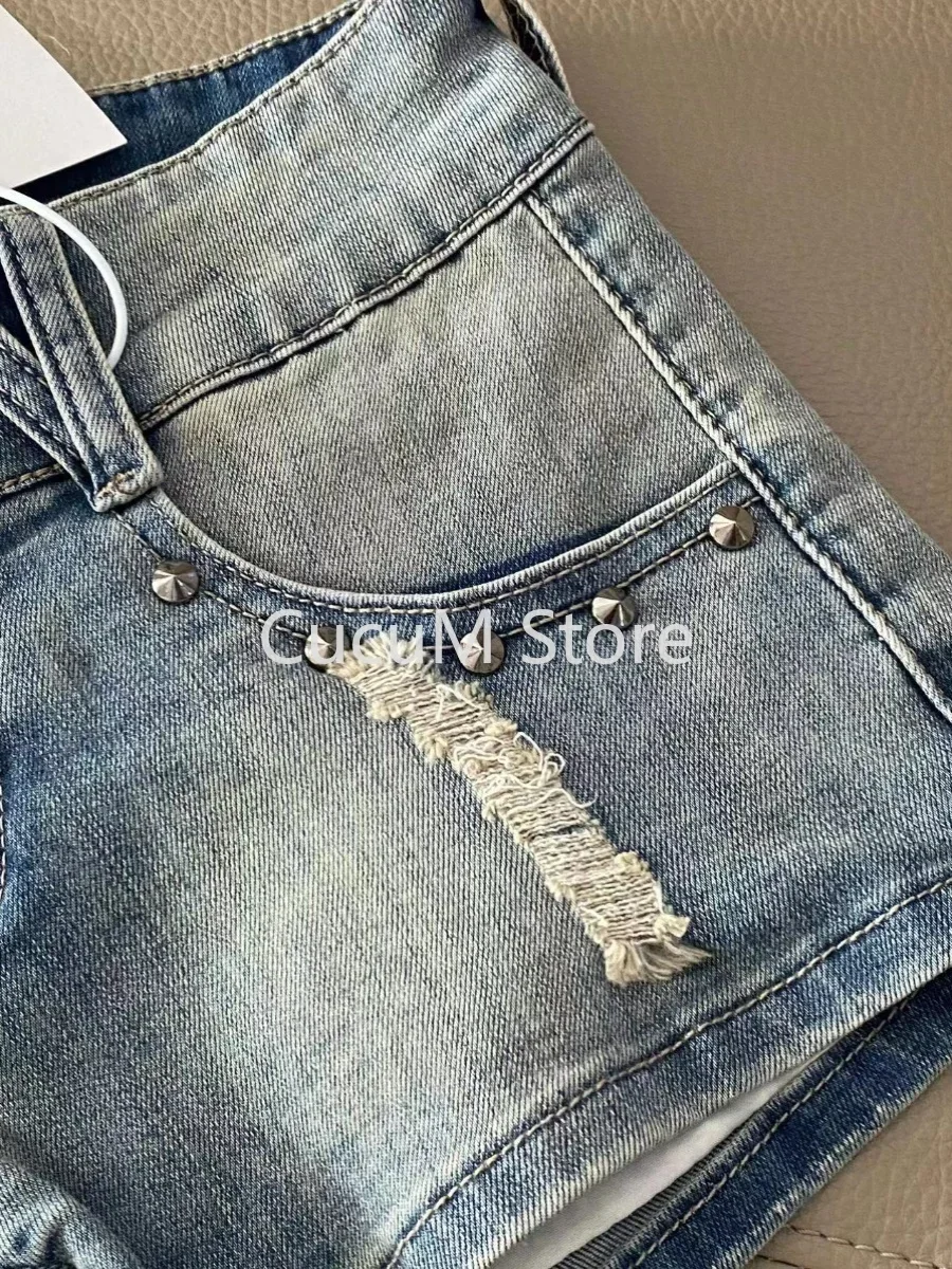 Women's Blue Ripped Denim Shorts Low Waist Mini Jeans Shorts 2000s Vintage Y2k Cowboy Short Pants Clothes Summer