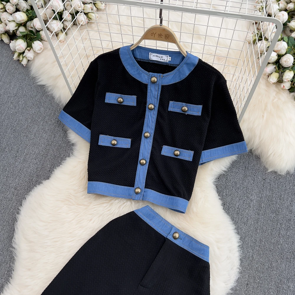 Women 2 Pieces Clothing Sets O-Neck Short Sleeve Patchwork Button Tops + High Waist Split Straight Trousers Suits Outfits