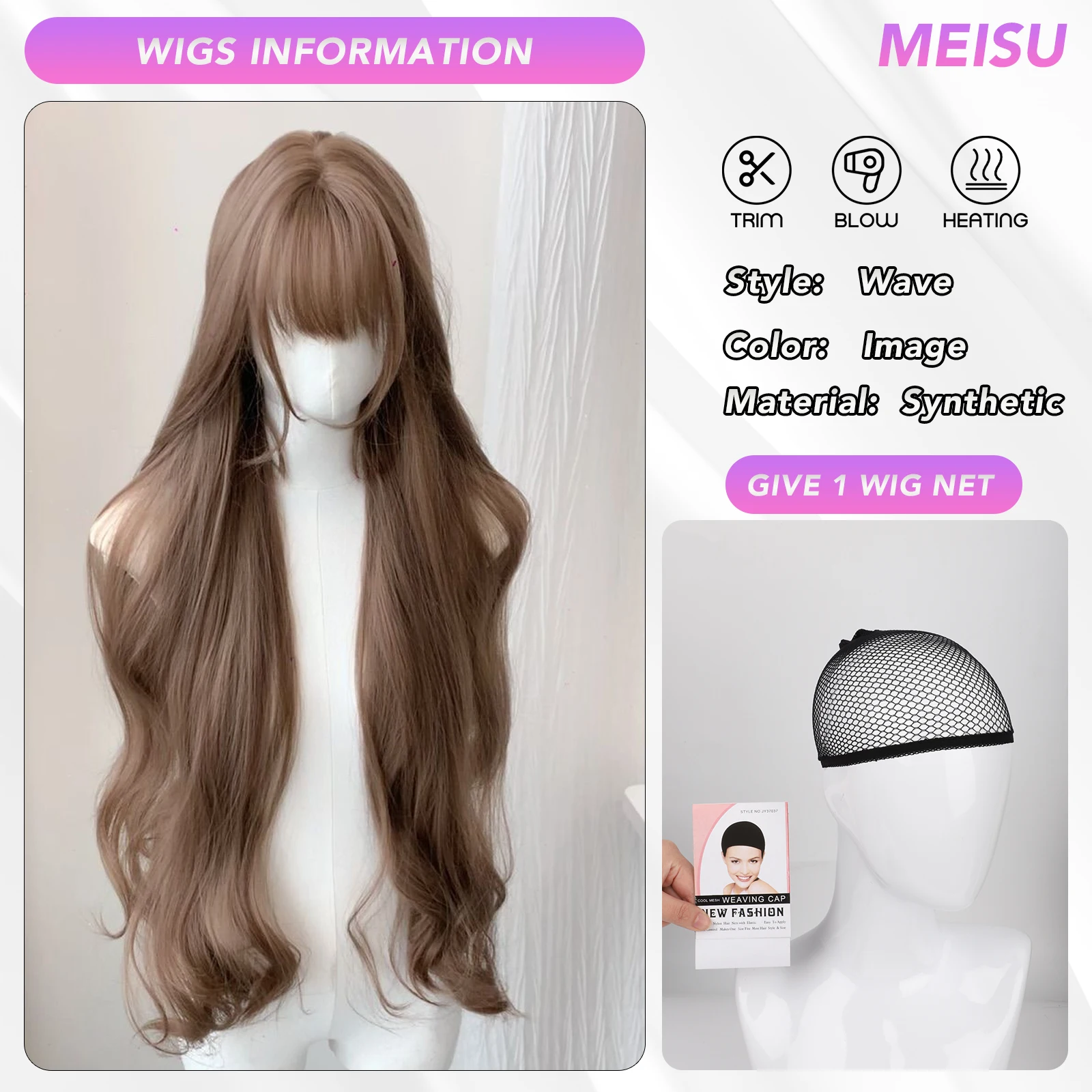 MEISU 32 Inch Long Wave Bangs Wig Synthetic Fiber Layered Hair Heat-Resistant Natural Smooth Extend Hair Selfie Party