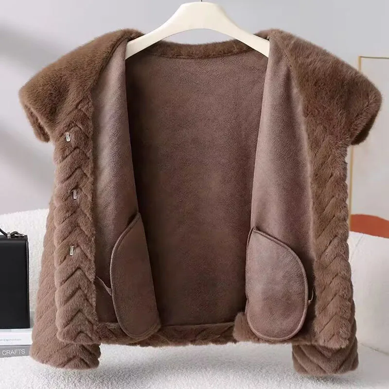 

New 2026 Imported Velvet Mink Jacket Loose Fur Young Fur Integrated Women's Double-Layer Large Fur Collar Mink Jackets Coffee