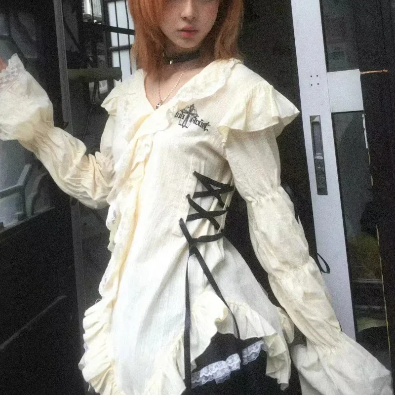 

Punk Gothic Y2k Clothes V Neck Puff Sleeve Ruffles Irregular Bandage Blouses Spring Harajuku Vintage Female Slim Women Shirts