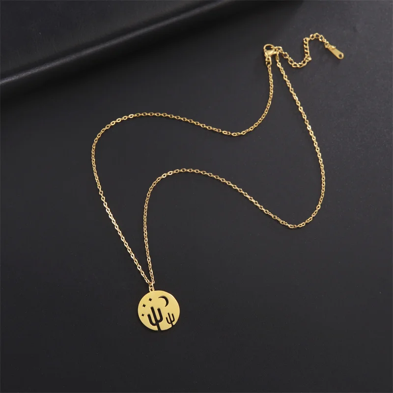 Klassische Goldfarbe Edelstahl Halskette für Frauen Kette Halsreif Mond Kaktus Anhänger Halskette Schmuck Geburtstags geschenk Großhandel – Detail 11