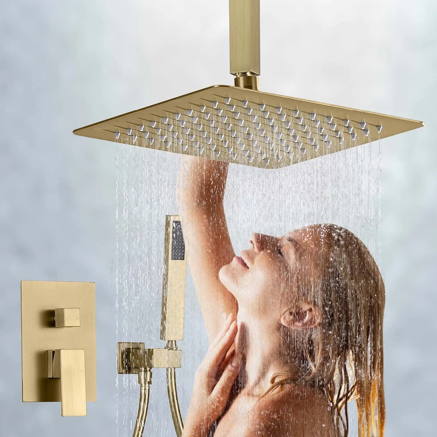 Brushed Gold Shower System Wall Mounted 10 Inch High Pressure Ceiling Square Rainfall Shower Head with Bar Handheld Shower Head