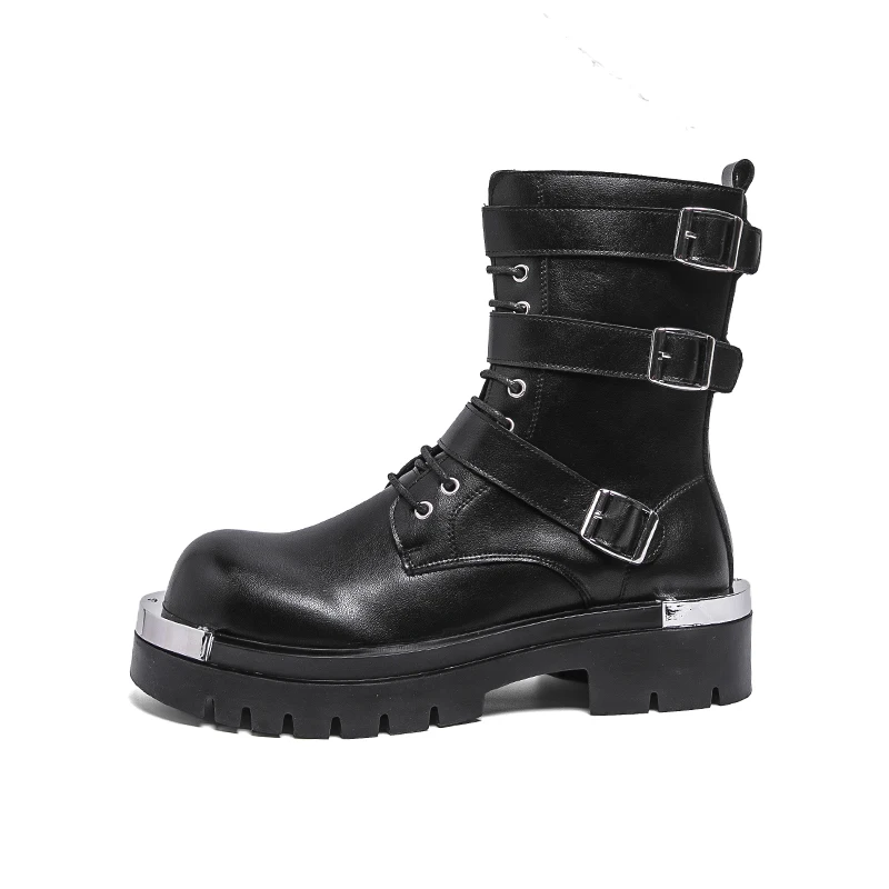 

2025 New Fashion Boots for Men Trendy Metal Decoration Platform Boots Height Increasing Casual Shoes Comfortable Outdoor Boots