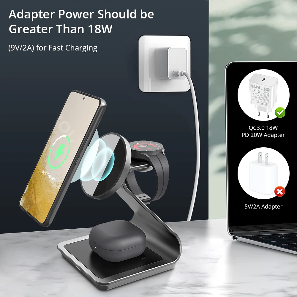 Bonola 25W Metal Magnetic 3 in 1 Charger Holder For Samsung S24 Ultra/S23 Fast Wireless Charging for Galaxy Watch 7/6/5/Earbuds