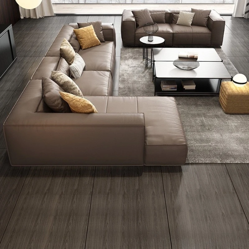 Leather tofu block sofa, living room straight row floor with concubine Italian minimalist square sofa
