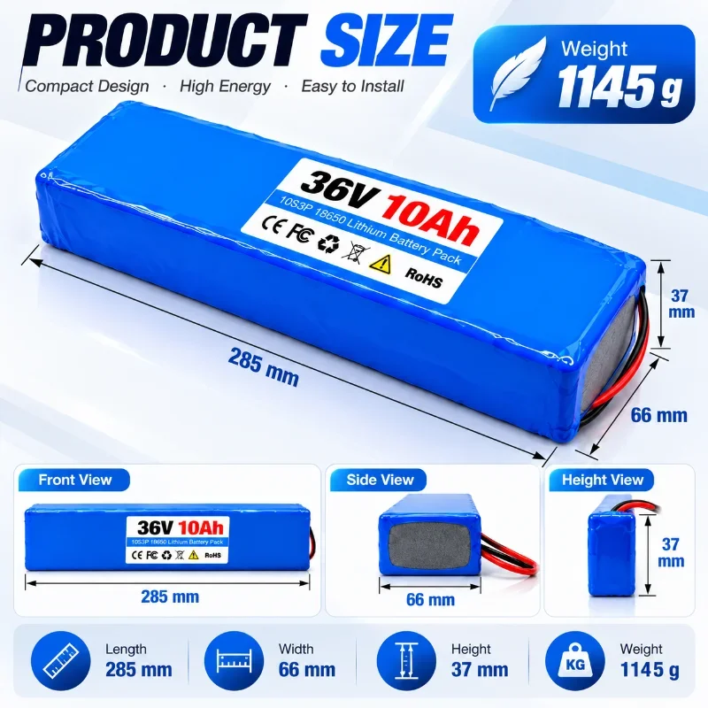 Batería Recargable 36V 10Ah 18650 10S3P con BMS para Bicicleta Eléctrica, Scooter y E-Bike, Motor 250W-1000W, Cargador 42V2A Incluido, Alta Densidad Energética, Larga Duración, Stock UE, Envío Rápido desde Almacén Polonia