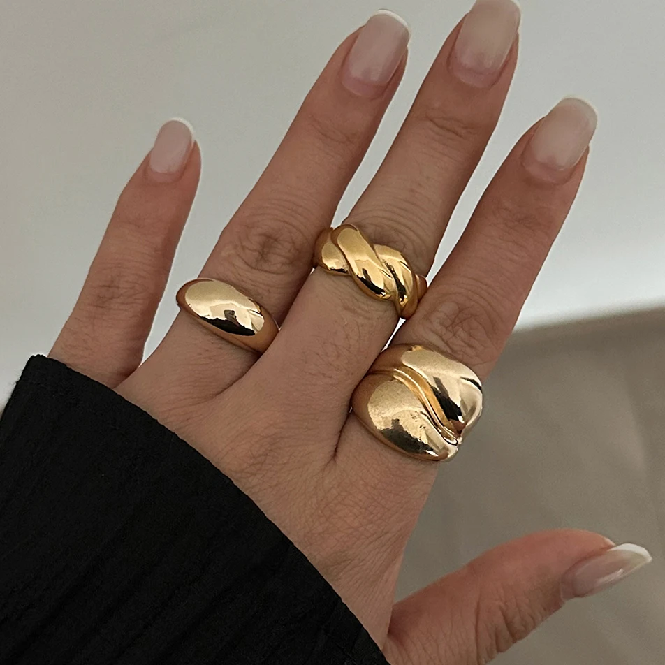 SHIXIN 3 Pcs Creative Geometric Gold Color Chunky Open Ring Set for Women Vintage Irregular Finger Ring Fashion Jewelry 2025 New