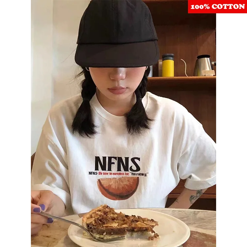 เสื้อยืดผ้าฝ้าย 100% ผู้หญิงฤดูร้อน 2025 ใหม่อเมริกันแฟชั่นแขนสั้นรูปแบบพิมพ์เสื้อยืดรอบคอหญิงเสื้อผ้า