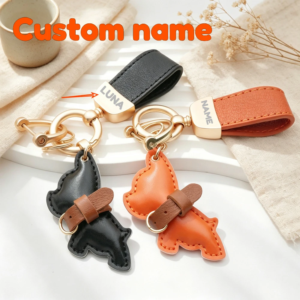 Personalisierter Trendiger Hunde-Anhänger Schlüsselanhänger Französische Bulldogge Charm Schlüsselring Leder Graviertes Text-Schlüsselband Damen Personalisiertes Geschenk – Detail 1