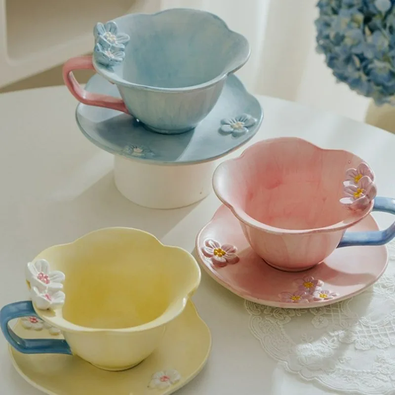 Coffee Cup and Saucer Set Simple Petal Matte Hand-painted Three-dimensional Relief Mug Breakfast Milk Cup Kitchen Drinkware