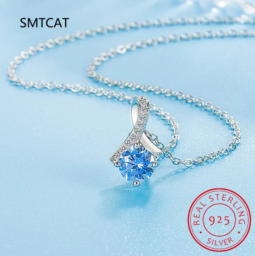 3.1ct Natural Blue Topaz 925 Sterling Silver Fish Tail Pendant Necklace for Woman Gemstone Statement Jewelry 45cm Chain