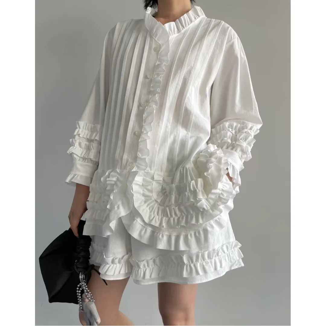 Chic High Waist Wide Leg Short Pants Shirt Two Piece Set Wood Grain  Design Summer Collection for Young Women