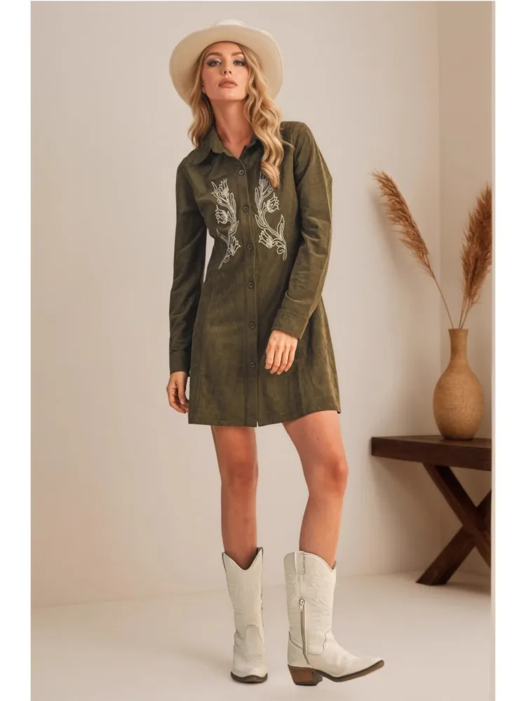 الخريف الغزلان الجلد المخملية قمصان فستان قصير المرأة زهرة التطريز Modis الخصر النحيف قمصان للسيدات فساتين طويلة الأكمام فستان امرأة #5