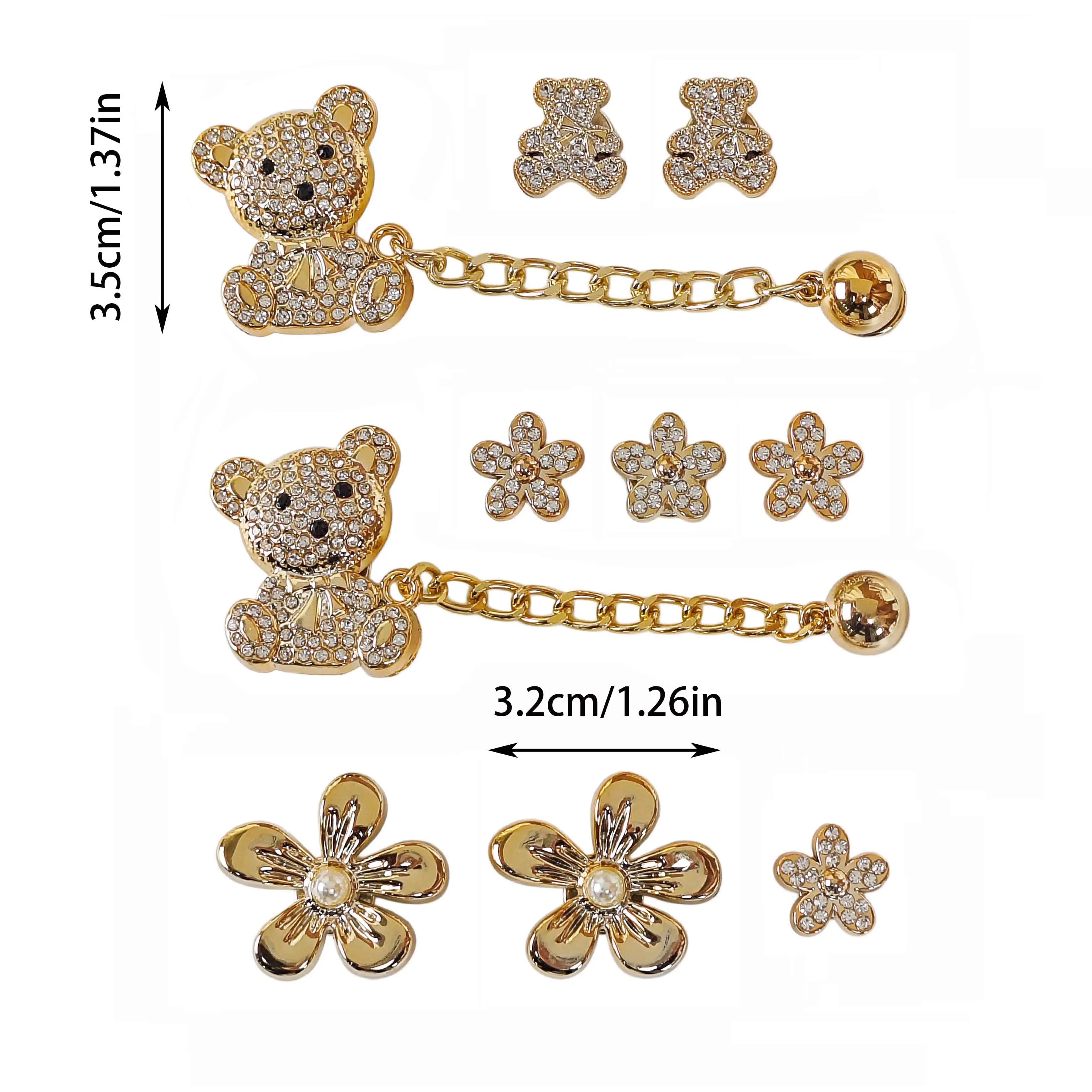 10Pcs DIY Shoe Decoration Charms, Shiny Bear Chain, Flower Decorative Buckle, Non-Metal Lightweight Material, Y2K Fashion Versatile Cute Personality Style for Men and Women, Suitable for Eva Beach Shoes, Sandals, Removable Shoe Decoration, Holiday Gift