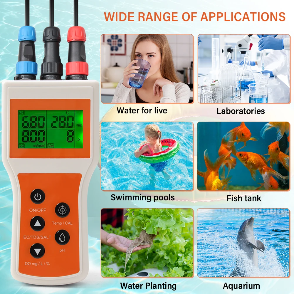 Yieryi Smart 6 in 1 Dissolved Oxygen Meter Aquarium PH DO SALT EC TDS Swimming Hydroponics Water Quality Analysis Tester Monitor