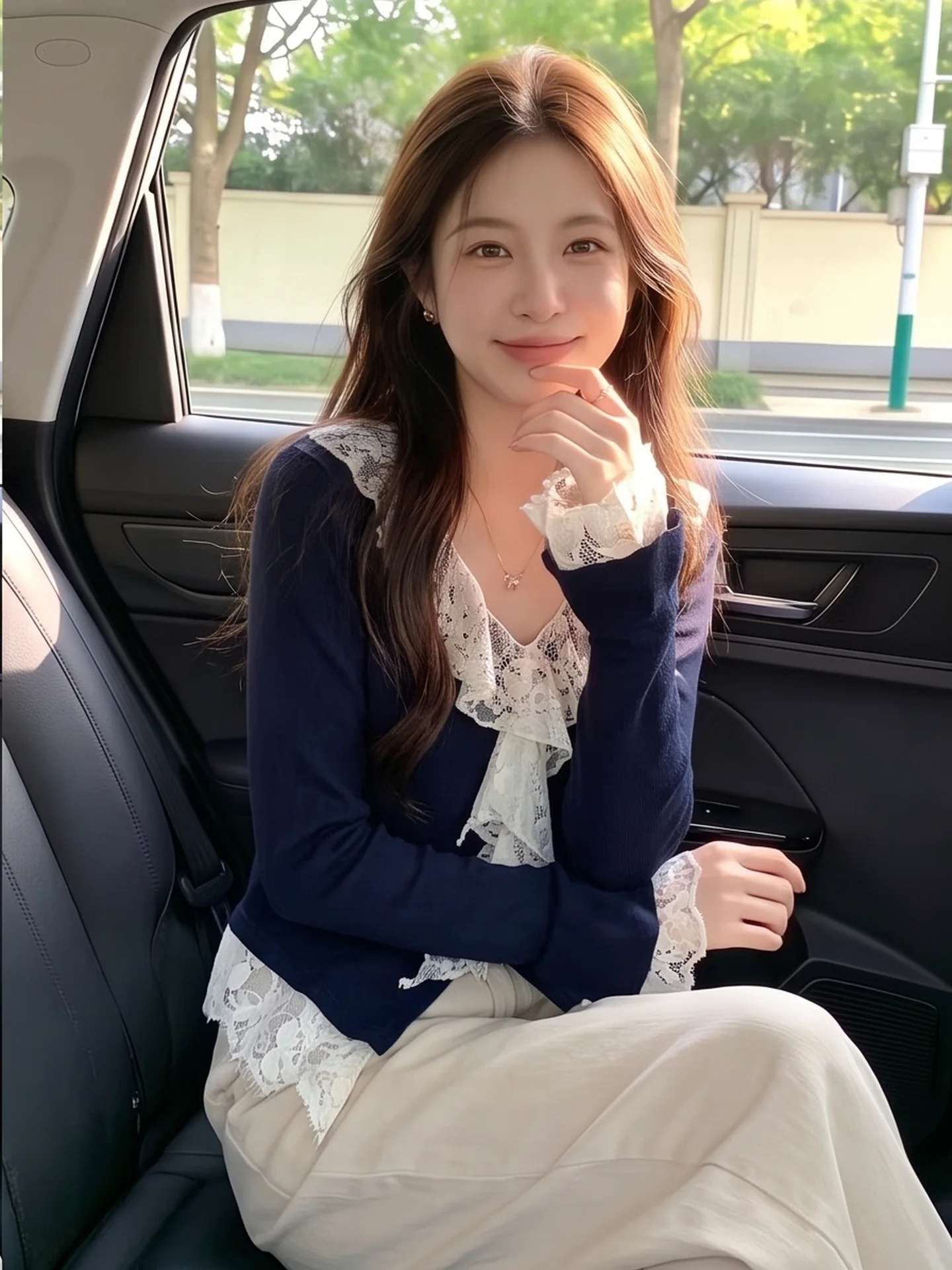 Sweet Lace Patchwork V-Neck Long Sleeve T-Shirt Women's Slim Fit Bell Sleeve Knitted Top Korean Style Citywalk Pure Color