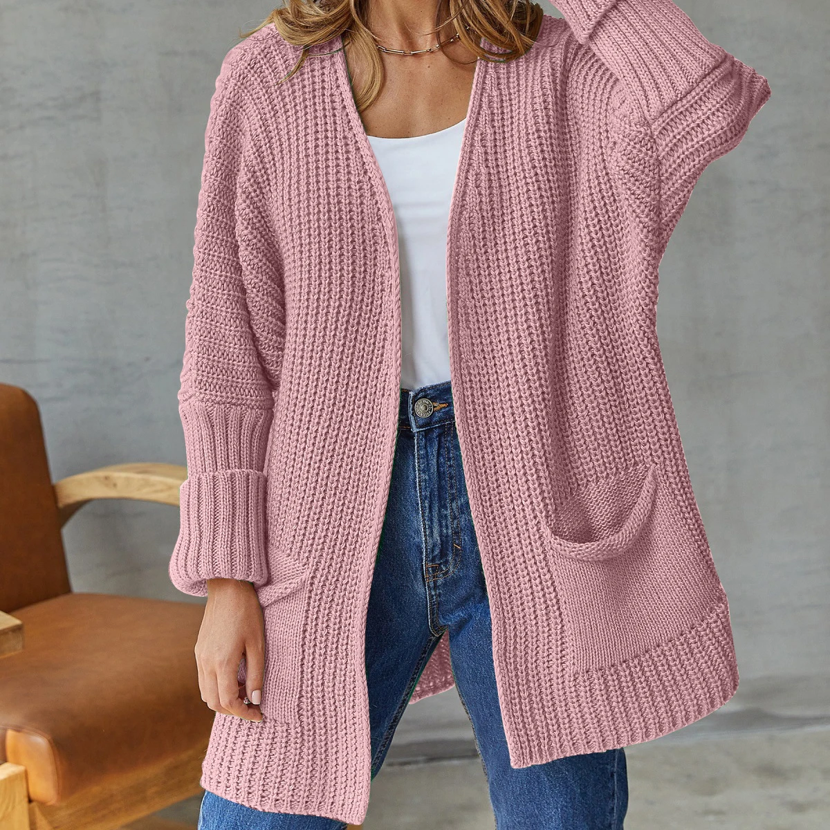 Green Cardigan Knit Sweater Women Spring Autumn Winter Sweater Heart Pocket Knitted Loose Maxi Coat Long Jacket Jumpers