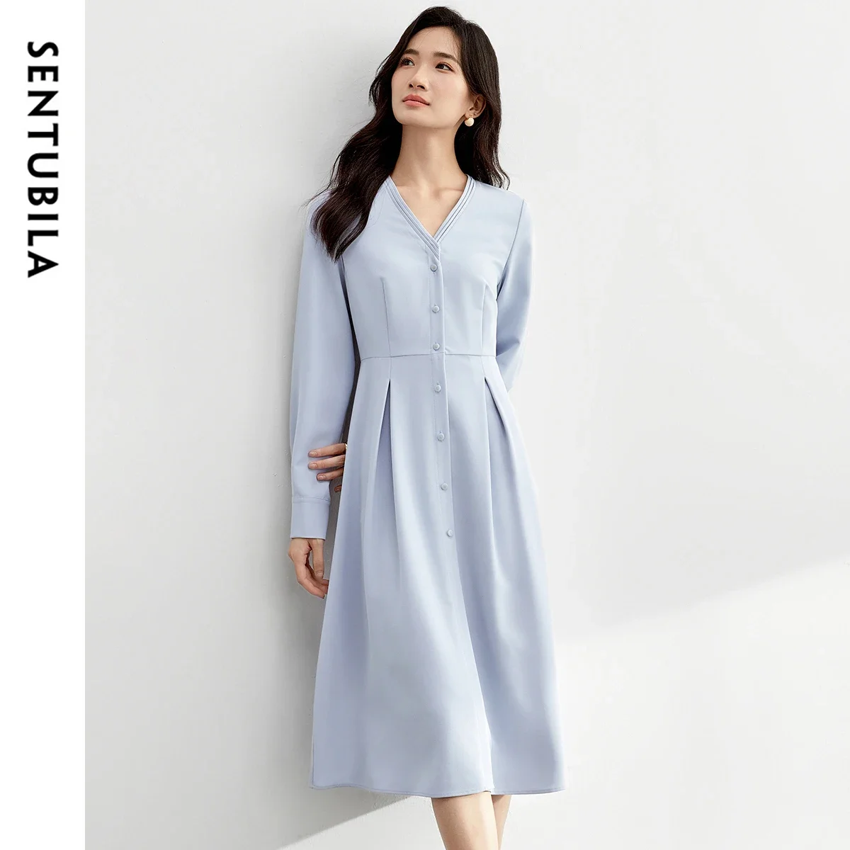 

SENTUBILA A-line Shirt Dresses Women's 2025 Spring Elegant Light Blue V Neck Long Sleeve Office Lady Solid Midi Dress 151L58232