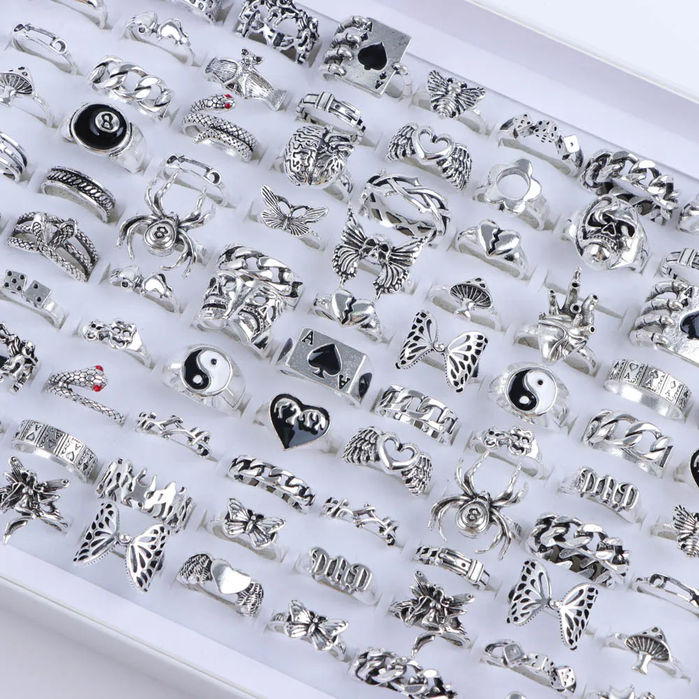 10/20/30/50Pcs/Lot Punk Finger Ring Set For Men Women Mix Style Flower Tai Ji Heart Love Snake Jewelry Party Gifts image 3