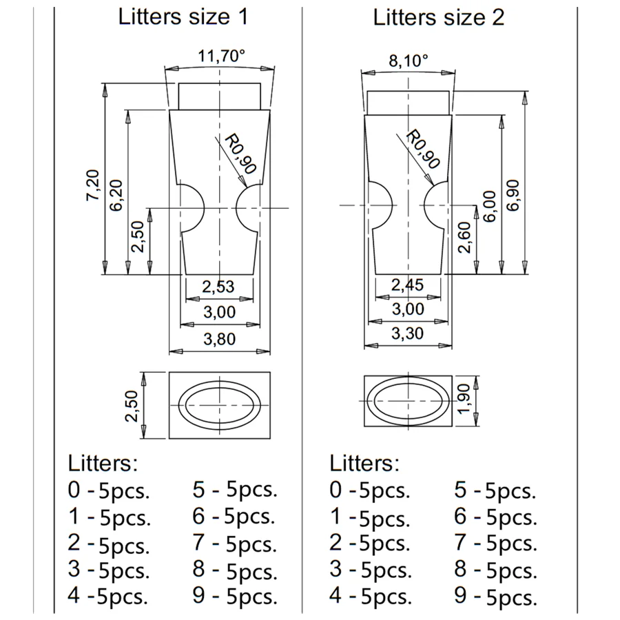 

Customized Stamping Letters For Size Type For 2.5**3.8*7.2mm of Letters 1 And 1.9*3.3*6.9mm 0-9 each 5pcs Total 100pcs