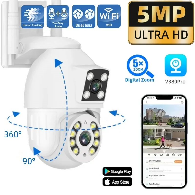 

5MP Dual Lens Wifi IP Camera Outdoor PTZ Vedio Surveillance Monitor Dual Screen Ai Human Tracking Street Cam Home Security CCTV