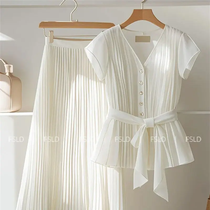 White Chiffon Women's Set Soft A-Line Pleated Long Skirt Short Sleeve Blouse Belt Single Breasted Shirts Suit 2 Piece Sets