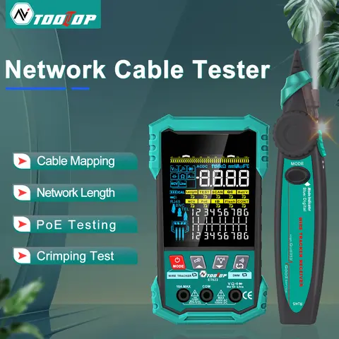 TOOLTOP 3.2-Inch Multifunctional Network Cable Tester 400M Cable Length Measure LAN Cable Mapping POE Test NCV Multimeter 2 in1