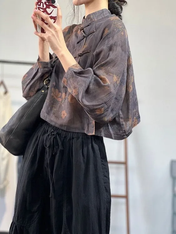 

Свободная женская одежда из хлопка и льна в стиле ретро с принтом на боковых пуговицах, осенняя верхняя одежда ort Length Batwing Sve с цветочным узором