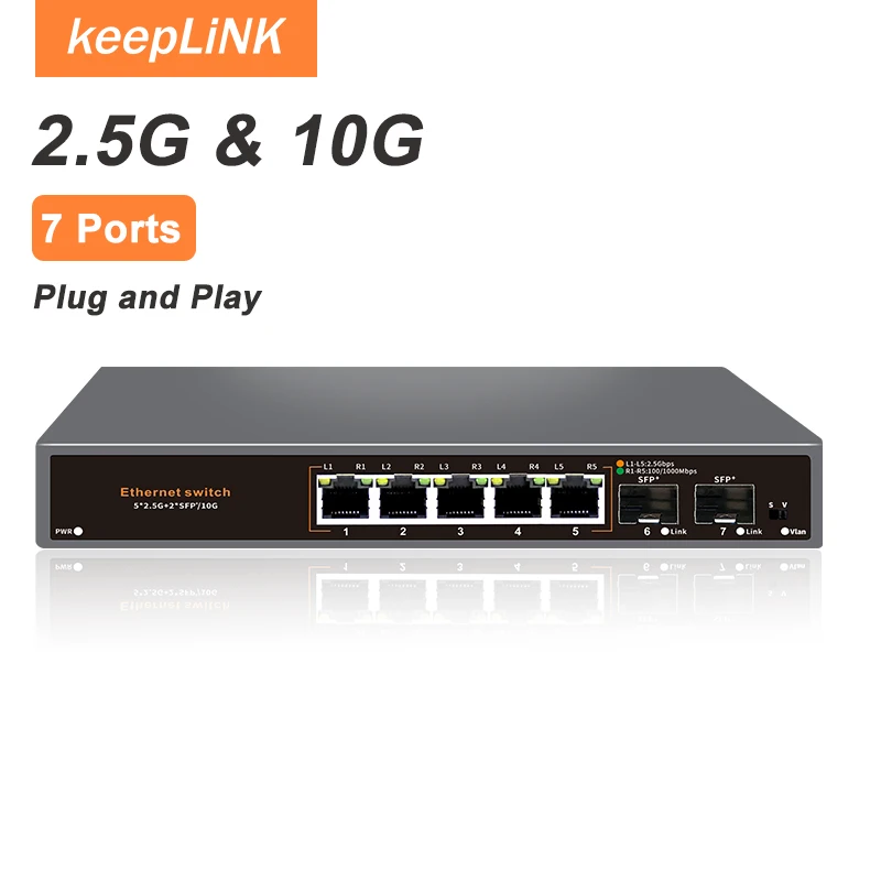 KeepLiNK 7-Port Multi-Gigabit Switch | 5 X 2.5Gb Ethernet + 2 X 10Gb SFP+ | Unmanaged | Plug & Play | High-Speed Connectivity