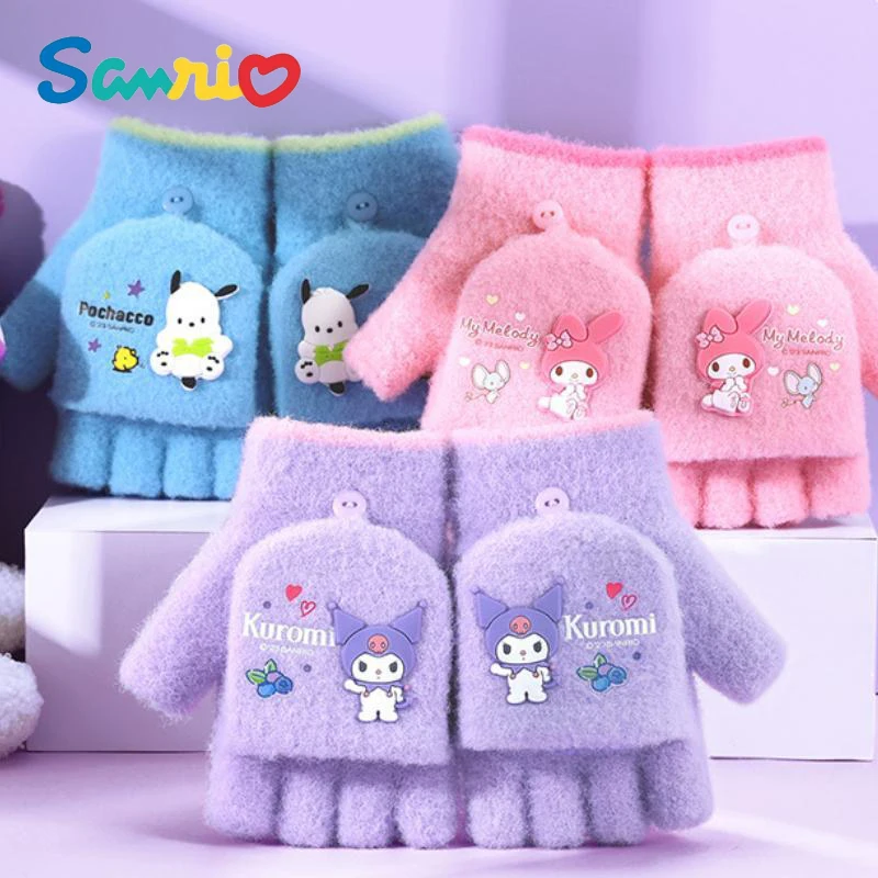 Sanrios My Melody hellokittys Kuromi Pochacco Gloves Thickened Plush Lovely Exposed Fingers Half Winter Mittens Warm Girls Gift