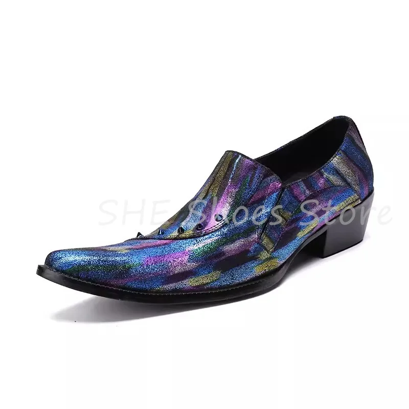 

British Style Mixed Color Graffiti Loafers for Men Rivet Decor Pointed Toe Chunky Heel Leather Shoes Male Leisure Derby Shoes